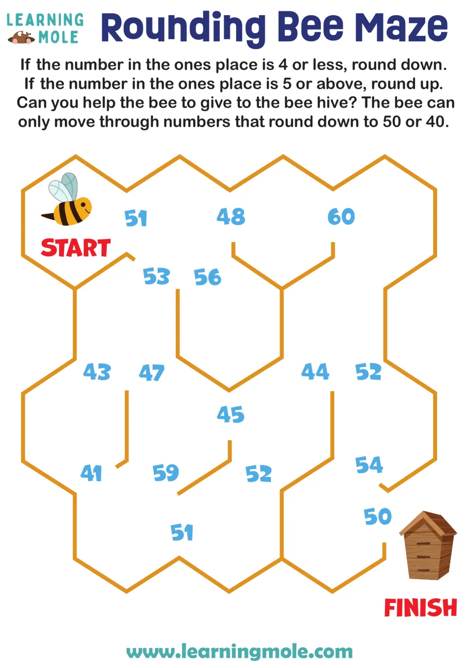 Rounding to the nearest ten: students guide a bee from start to hive, moving only through numbers that round down