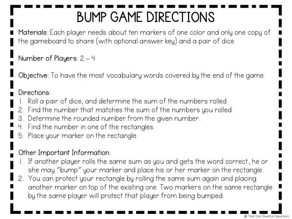 Bump game directions for 2–4 players: roll two dice, answer, place markers, bump opponents, and protect spots