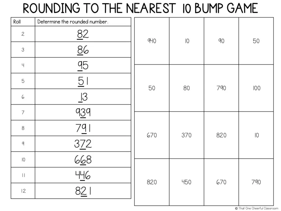 Nearest-10 rounding bump game: dice sums 2–12 select 11 numbers to round, including 82, 86, 95, and 939