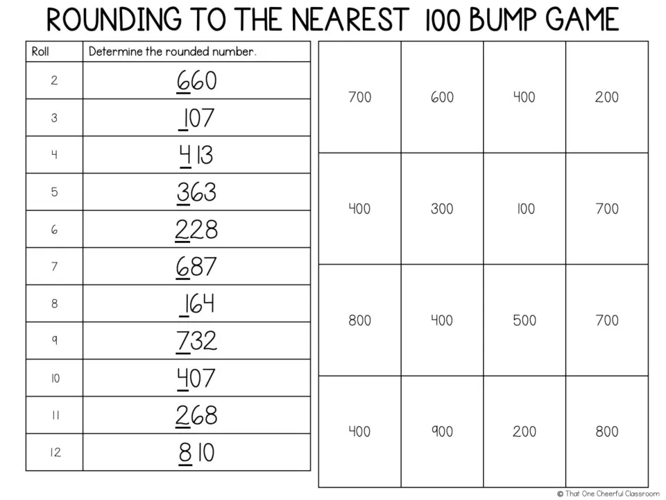 Nearest-100 rounding bump game: dice sums 2–12 select 11 numbers to round, including 660, 107, and 413