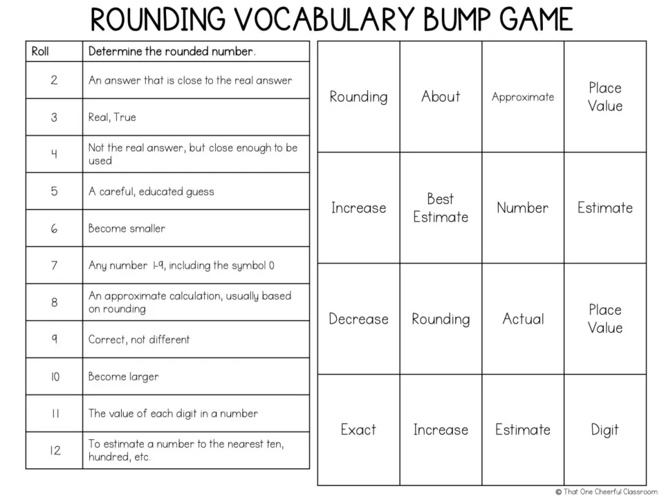 Rounding vocabulary bump game: 11 definition clues for terms including estimate, digit, and place value