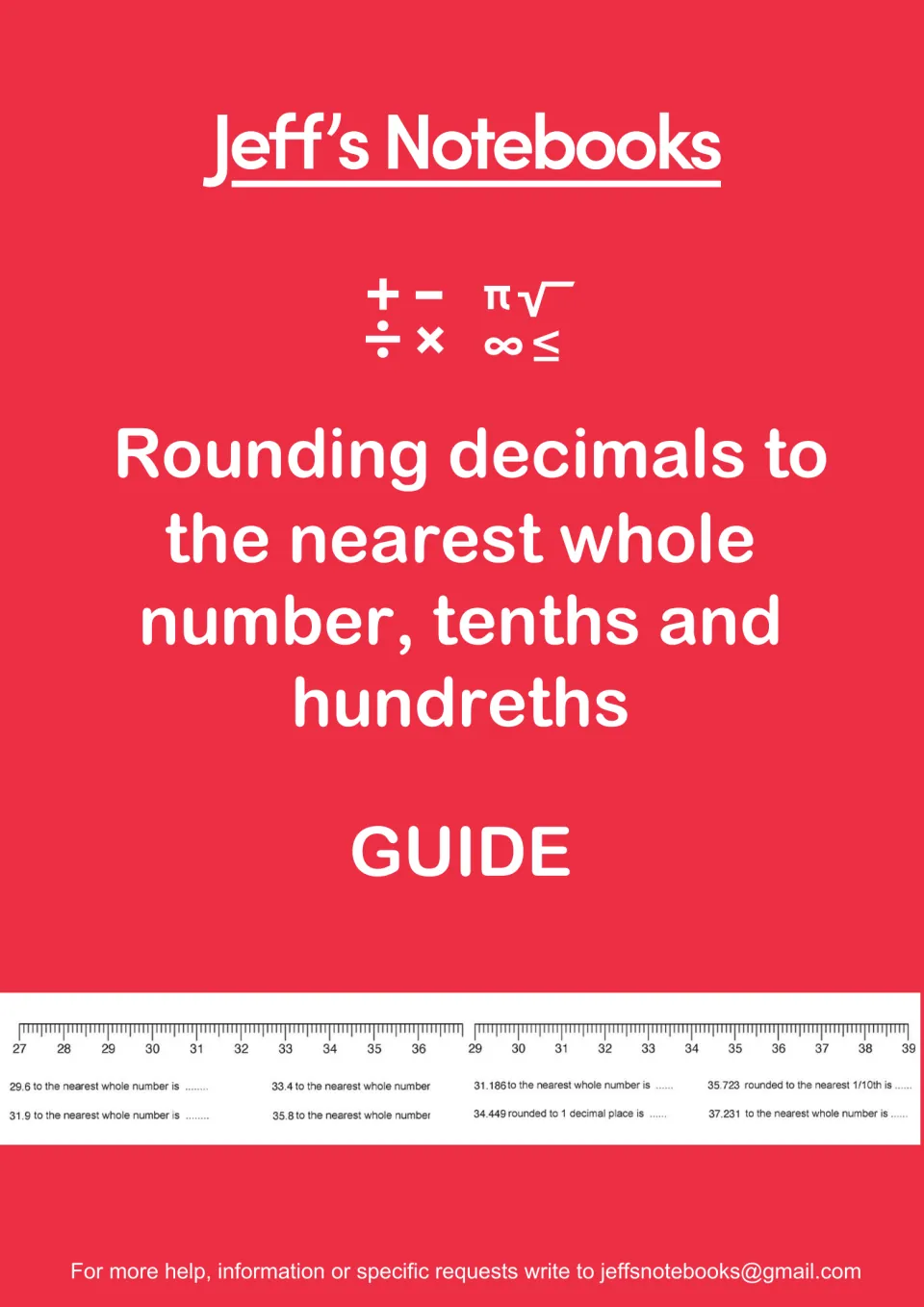 Jeff's Notebooks guide cover for rounding decimals to whole numbers, tenths and hundredths, with sample number-line items