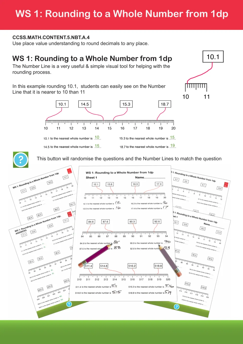 WS 1 guide: rounding 1dp decimals to the nearest whole number by placing values 10.1 and 14.5 on a 10 to 20 number line