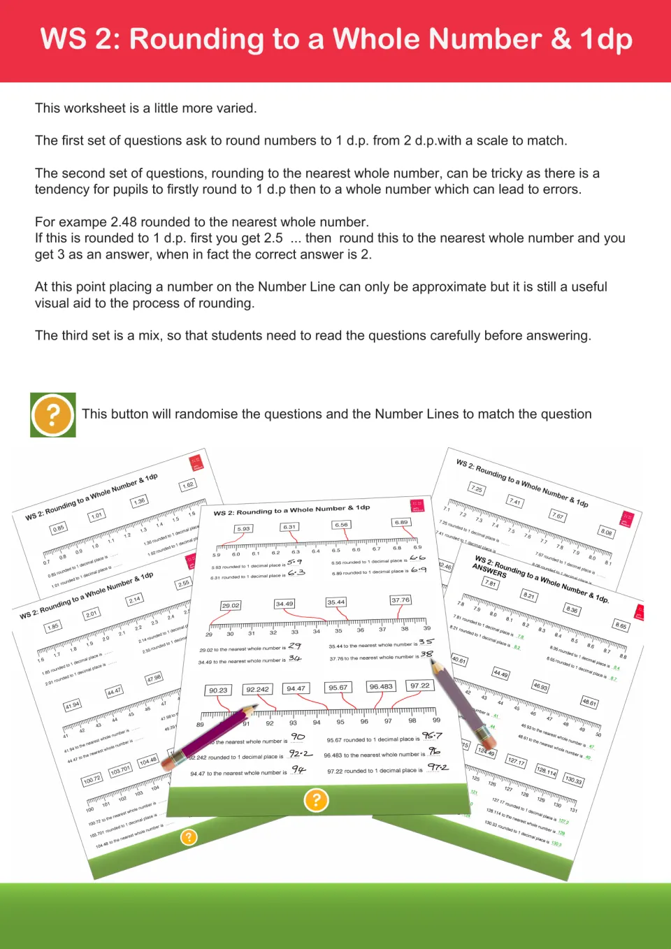 WS 2 guide: rounding 2dp numbers to 1dp and to whole numbers, noting 2.48 rounds to 2, not to 3 by rounding twice