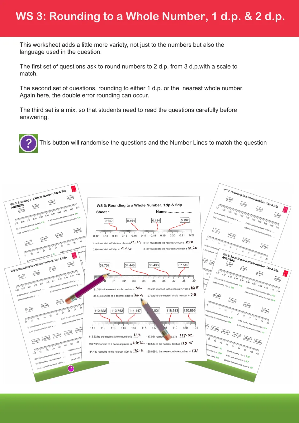 WS 3 guide: rounding 3dp numbers to 2dp, 1dp or whole numbers, with mixed wording such as nearest 1/100th and nearest tenth