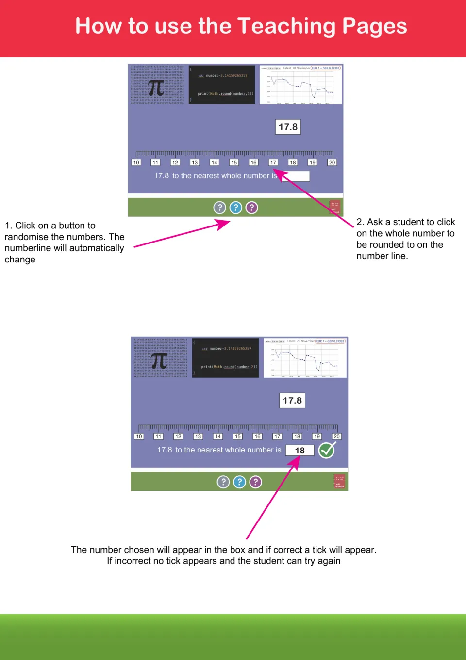How to use the Teaching Pages: randomise a number like 17.8, then a student clicks 18 on the number line and a tick confirms