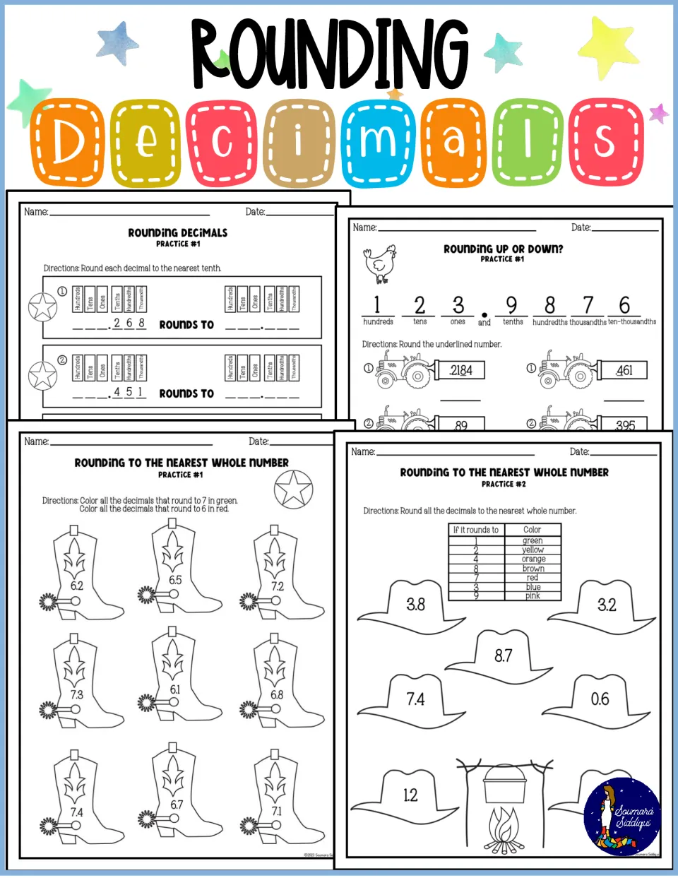 Rounding Decimals cover previewing boot, hat, tractor and place-value practice sheets for rounding to set places