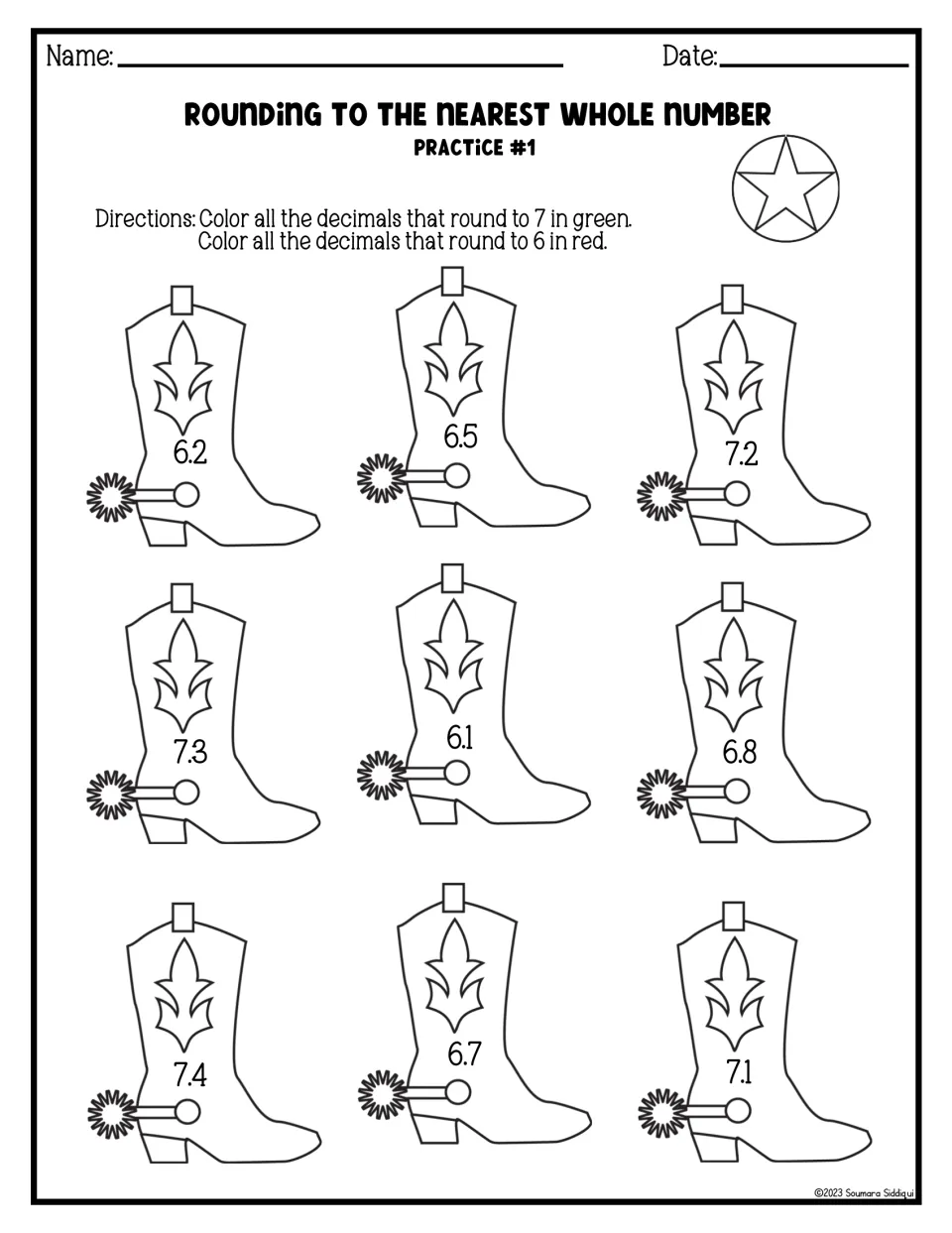 Rounding to the nearest whole number: students color cowboy boots green if the decimal rounds to 7, red if it rounds to 6