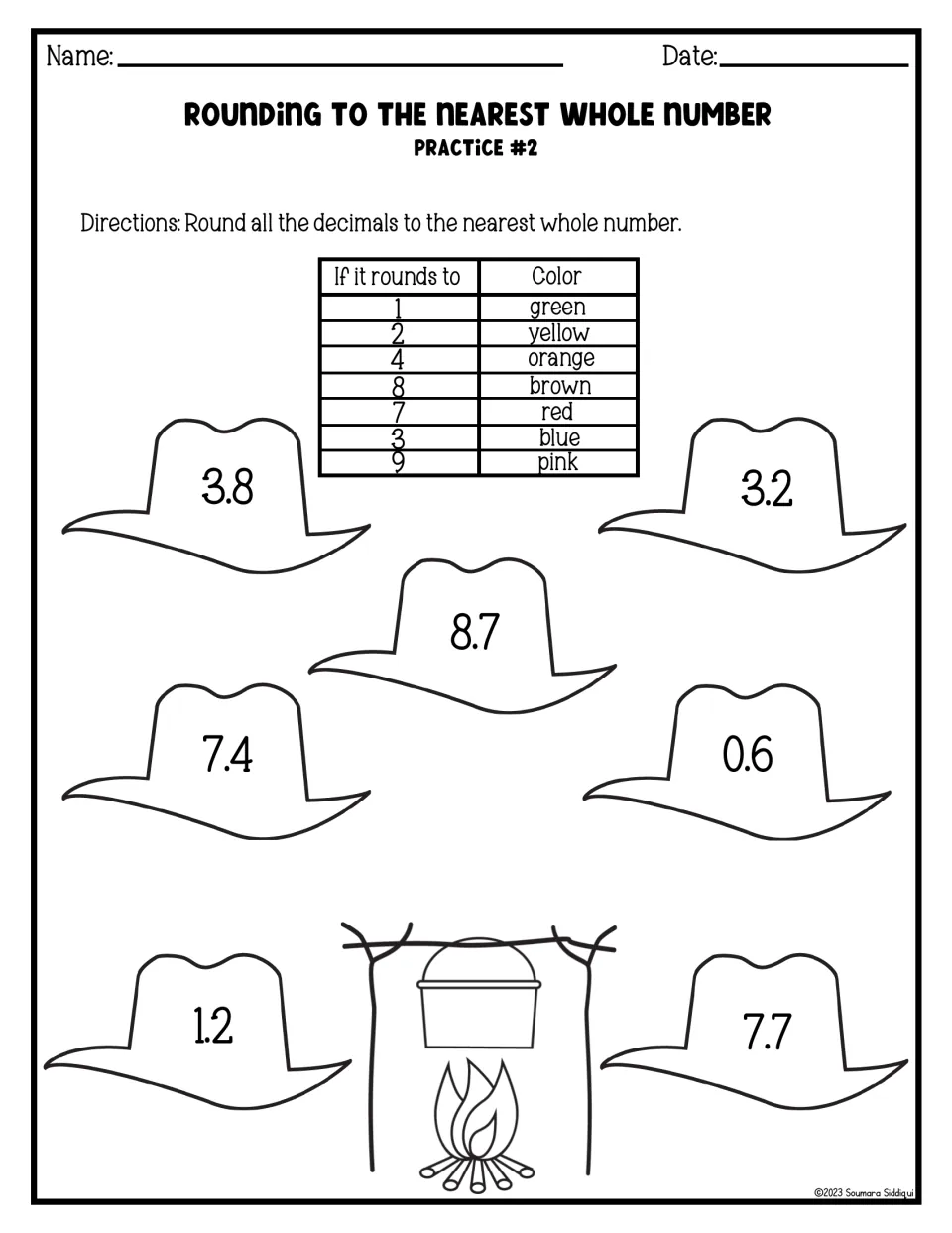 Nearest whole number, Practice #2: students round decimals on cowboy hats such as 3.8 and 8.7 and color each by a color key