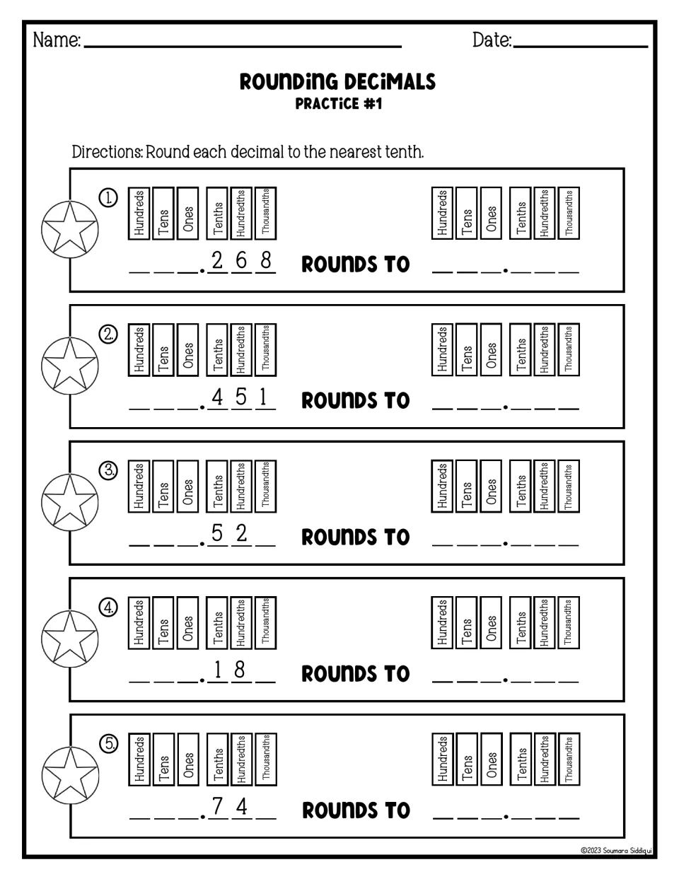 Nearest tenth practice: students write five decimals such as .268 and .451 in place-value charts and round each to tenths