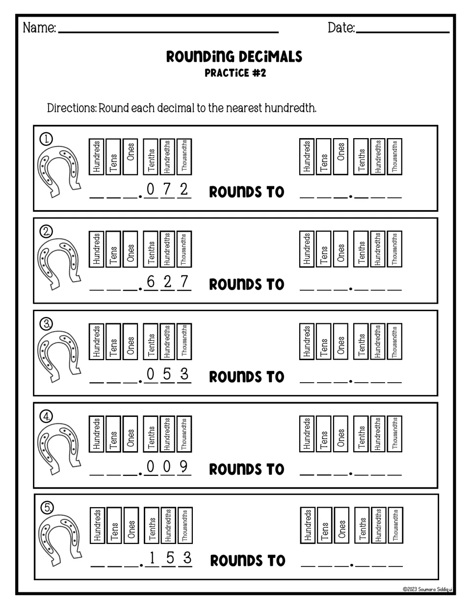 Nearest hundredth practice: students round five decimals such as .072, .627 and .153 using hundreds-to-thousandths labels