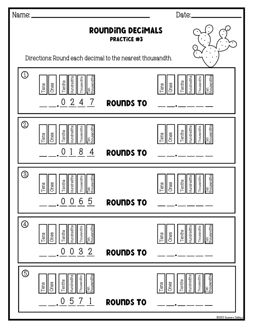 Nearest thousandth practice: students round .0247, .0184 and three more decimals using tens to ten-thousandths place labels