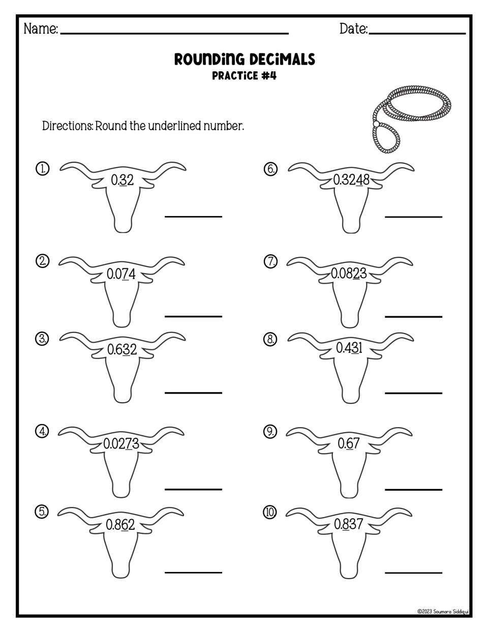 Rounding to the underlined digit: students round 10 decimals on longhorn heads, such as 0.32 and 0.3248