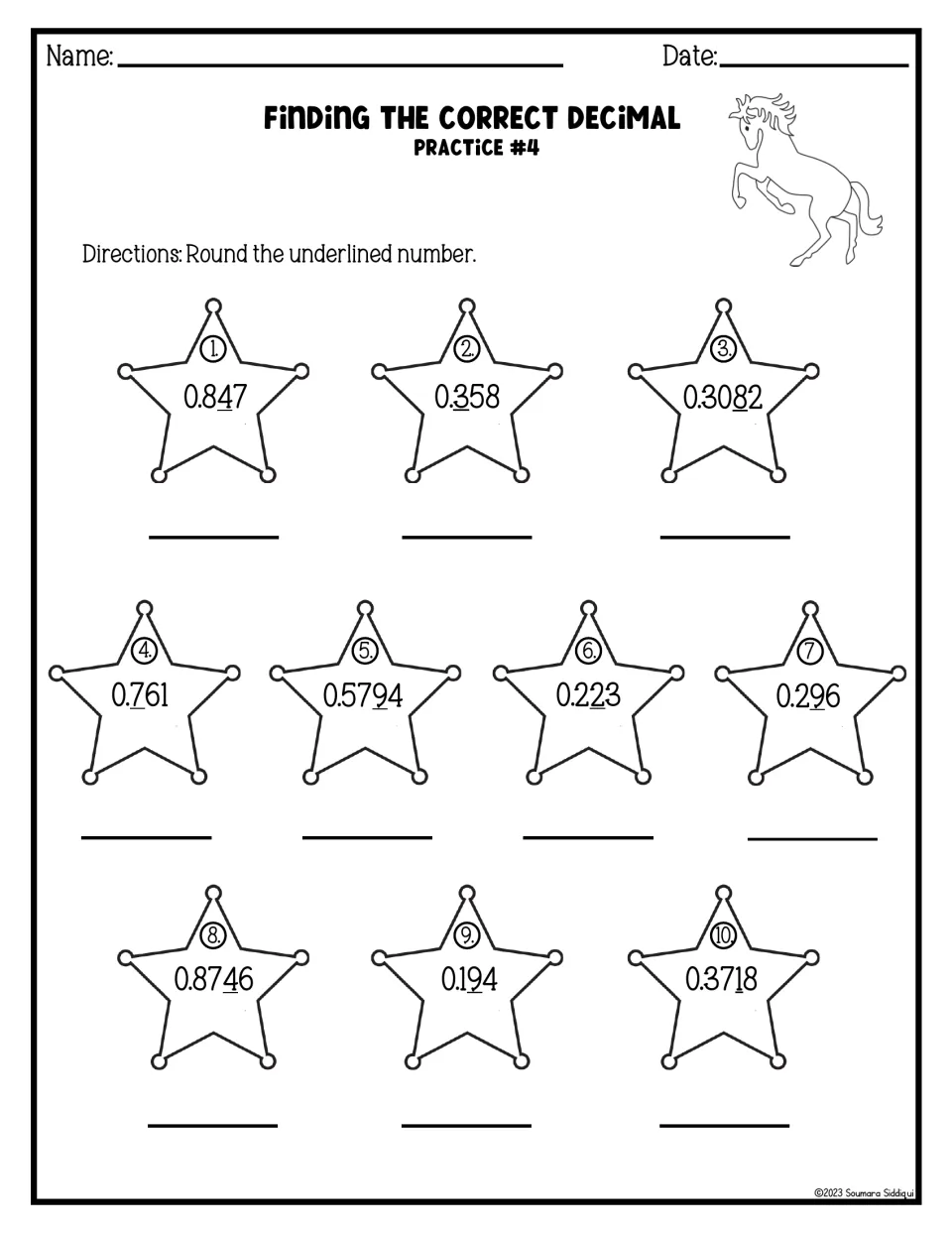 Finding the correct decimal: students round 10 decimals on sheriff stars, such as 0.847 and 0.5794, to the underlined digit