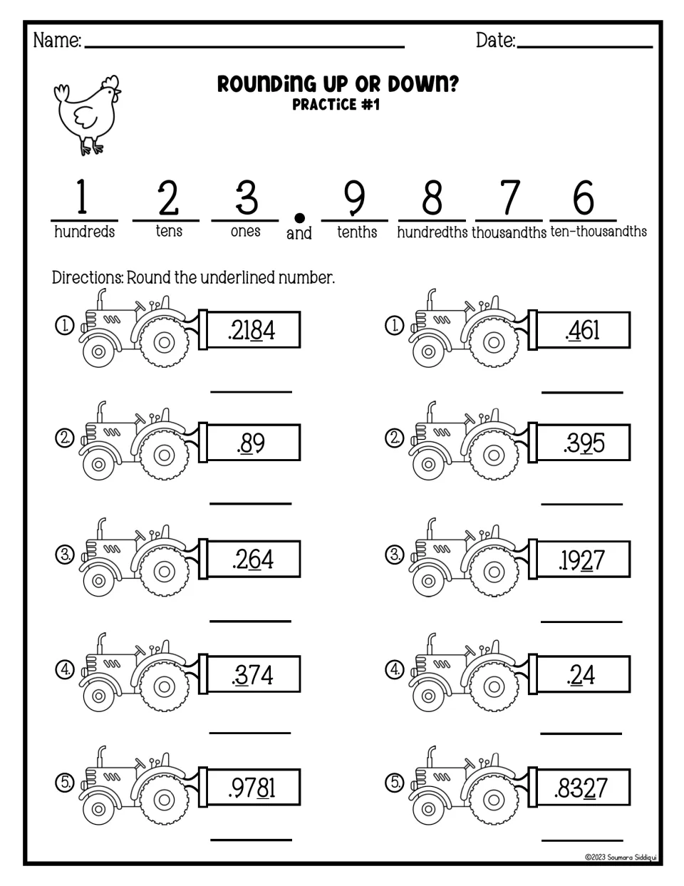 Rounding up or down? Practice #1: a 123.9876 place-value model tops 10 tractor problems to round at the underlined digit