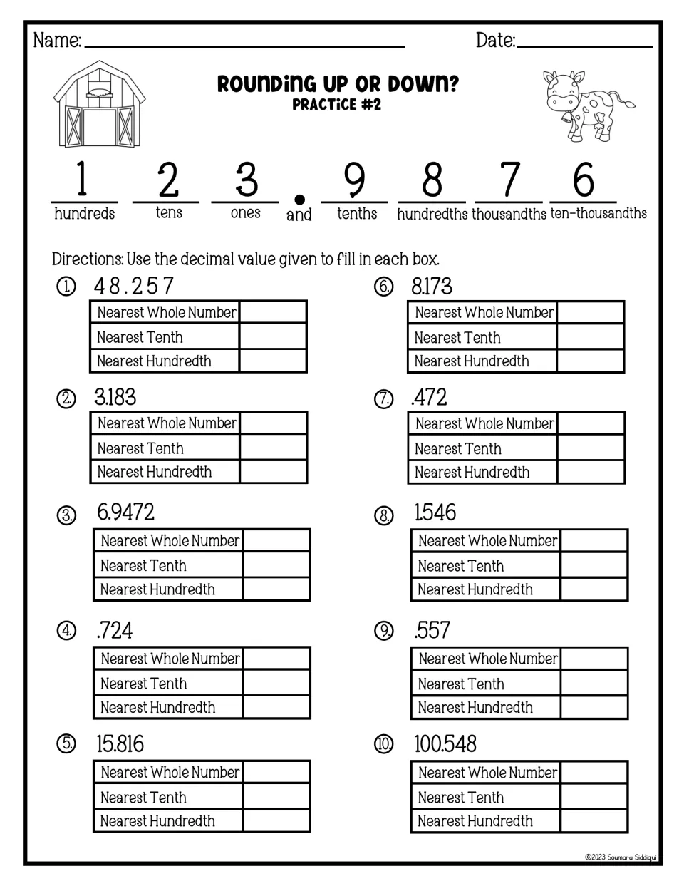 Rounding up or down? Practice #2: students round 10 decimals like 48.257 to the nearest whole number, tenth and hundredth