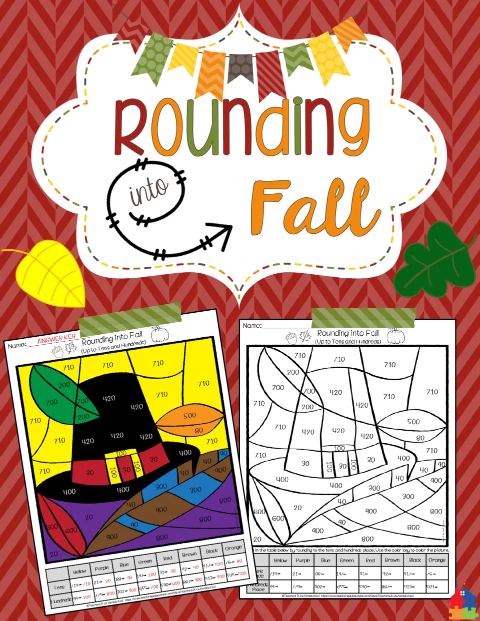 Rounding into Fall cover with autumn leaves and bunting, showing a colored and a blank pilgrim hat rounding picture