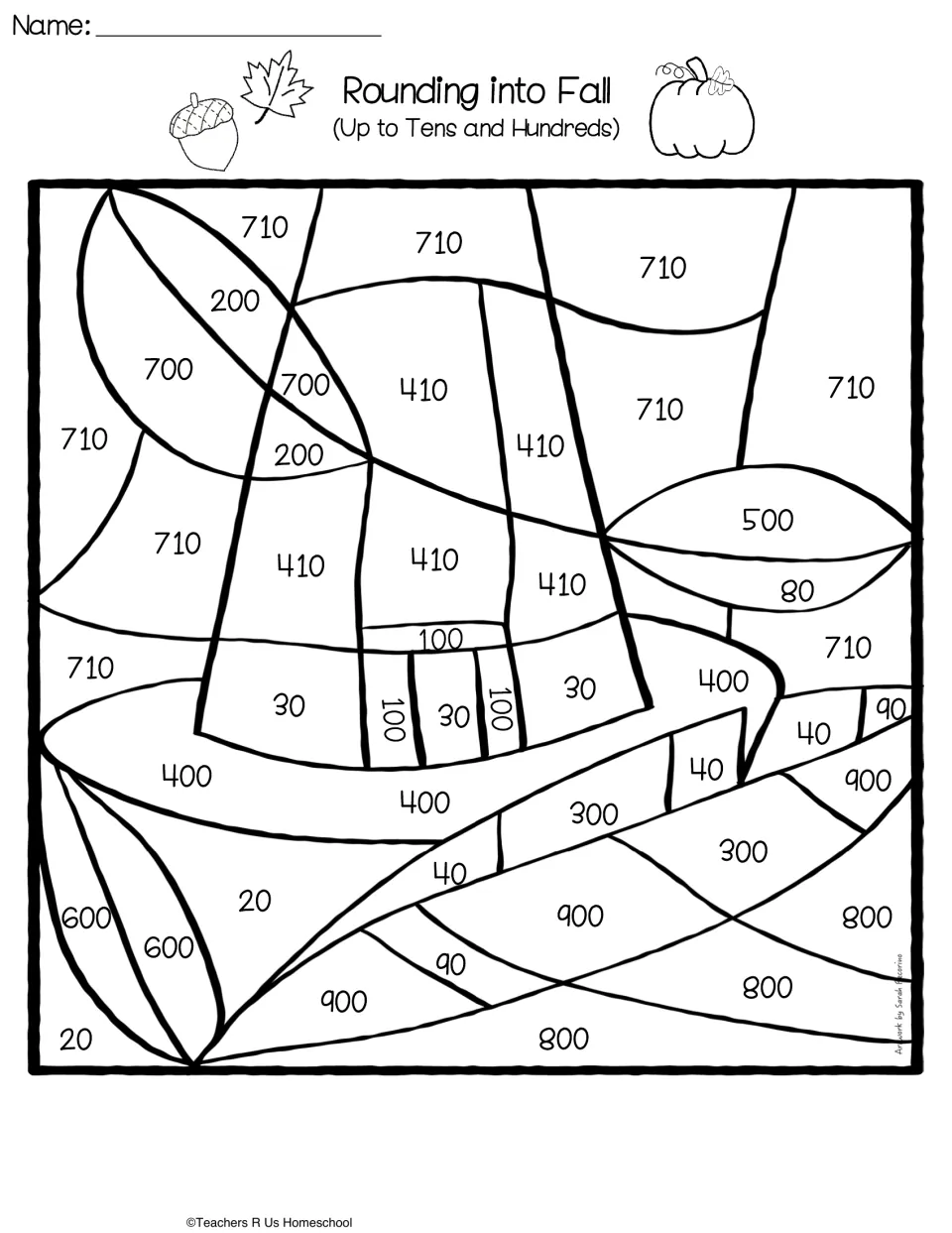 Pilgrim hat picture with numbers like 410, 710 and 900 in each section, ready to color by the rounded-number color key