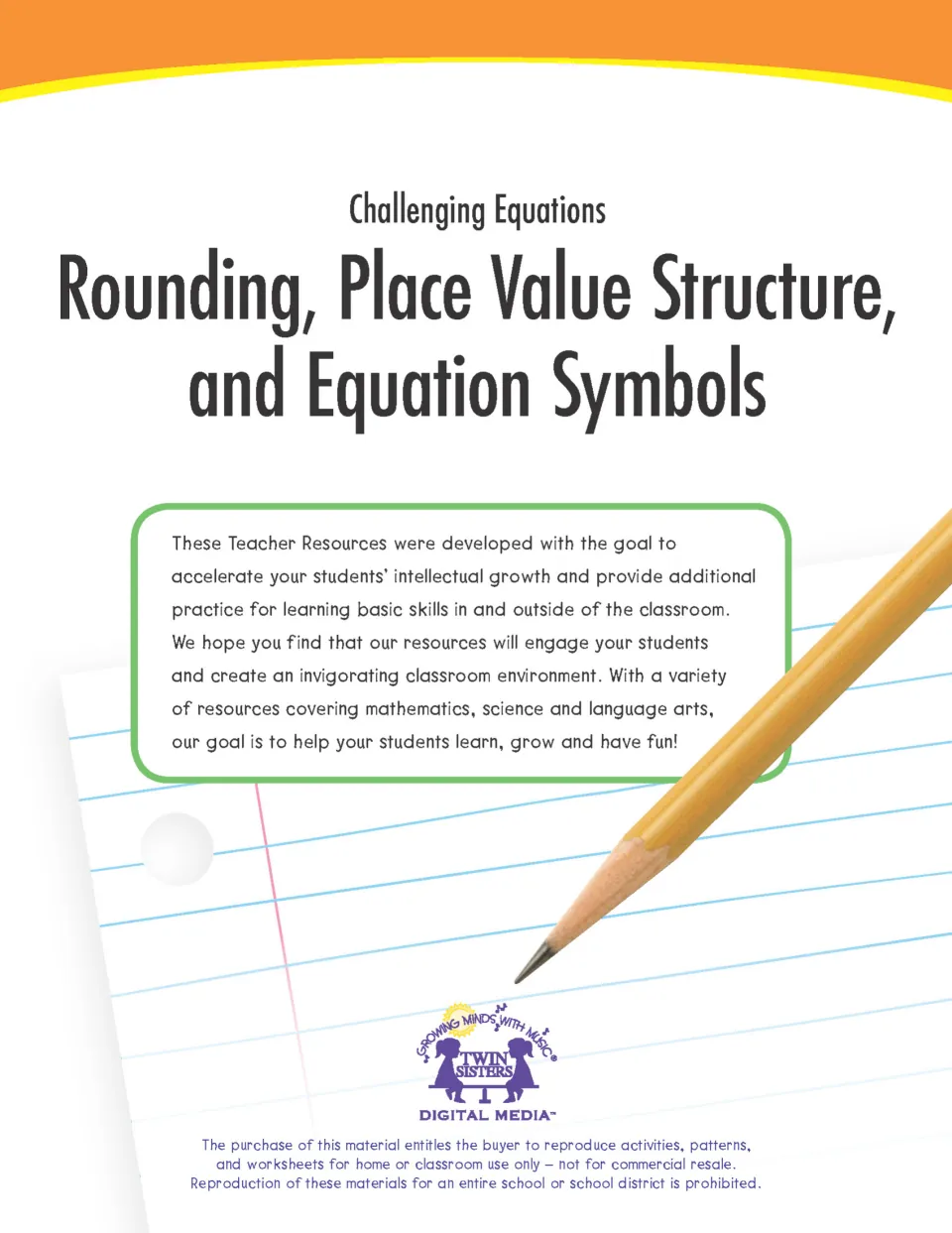 Challenging Equations cover: Rounding, Place Value Structure, and Equation Symbols, with a Twin Sisters note to teachers