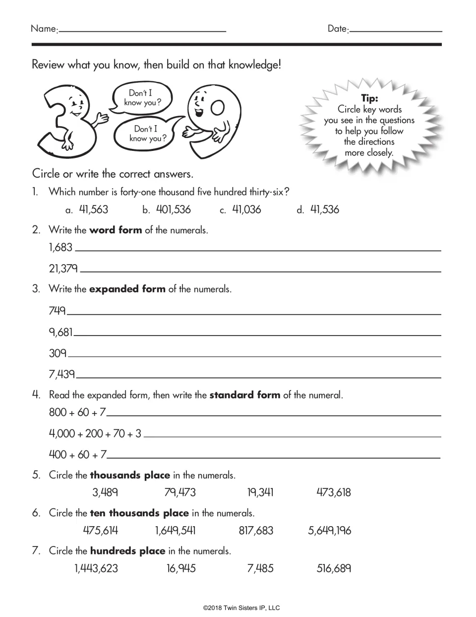 Place value review: students match a word name, write word, expanded and standard forms, and circle digit places
