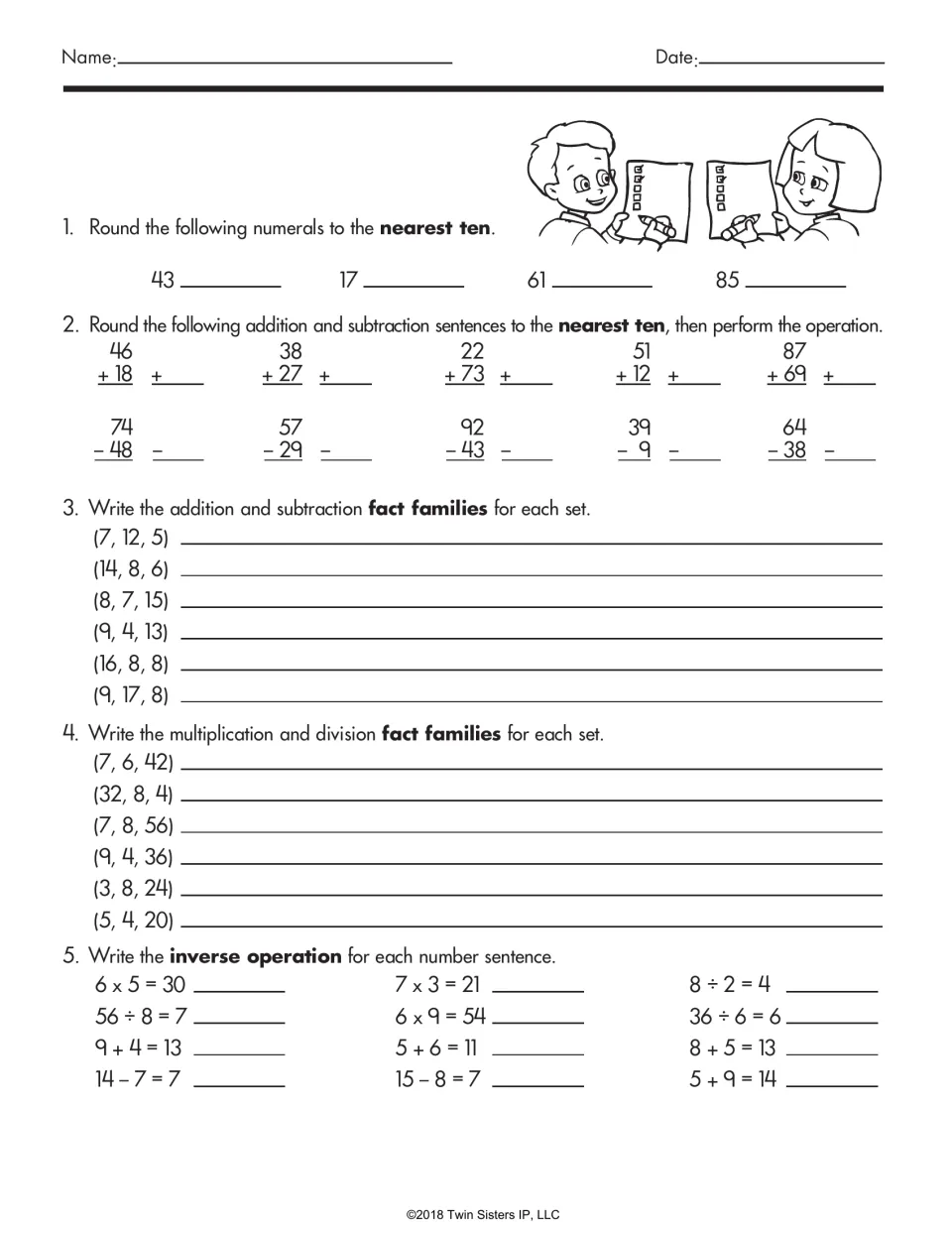 Rounding to the nearest ten to estimate sums and differences, then writing fact families and inverse operations