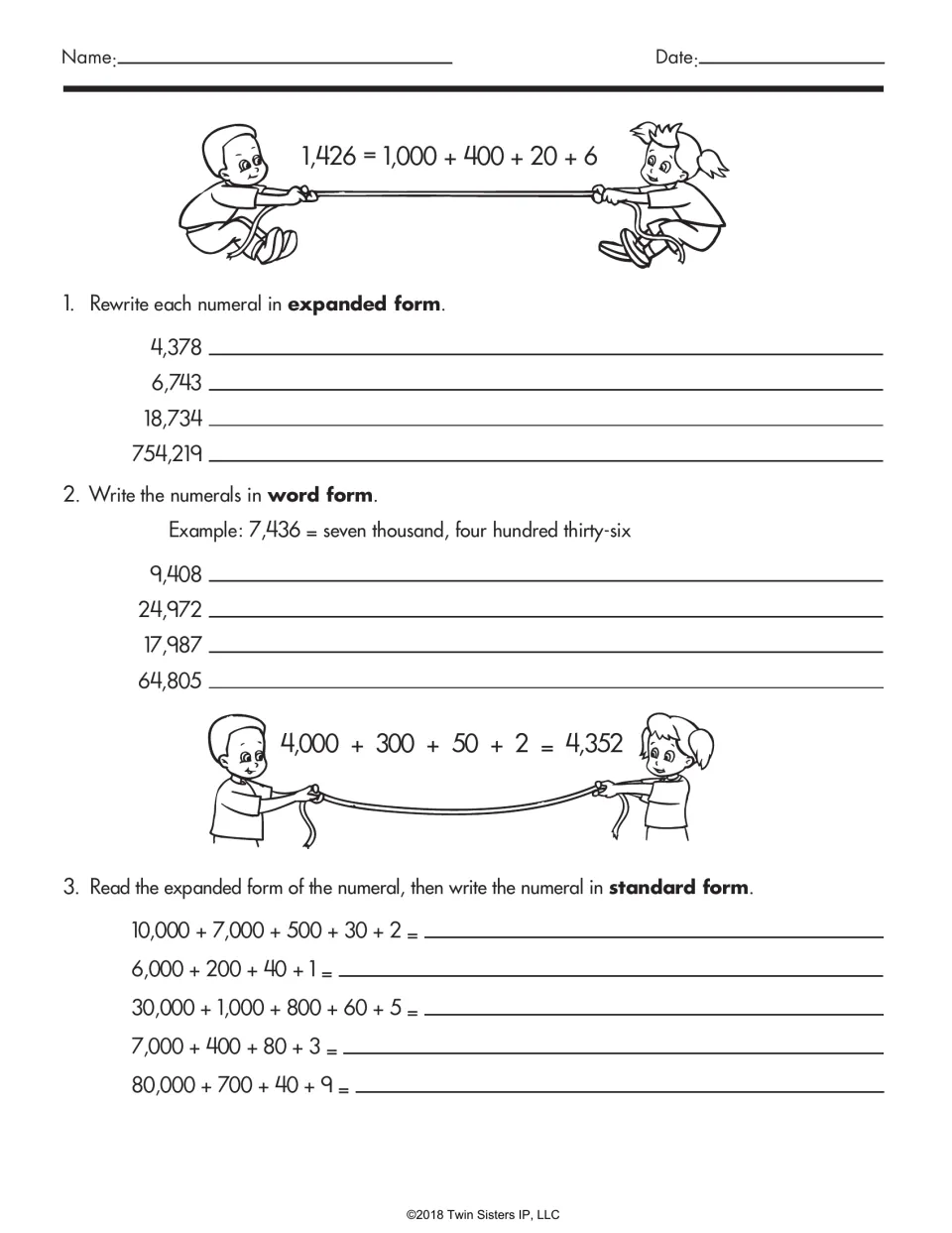 Number forms: students write numerals up to 754,219 in expanded and word form, then turn expanded form into standard form
