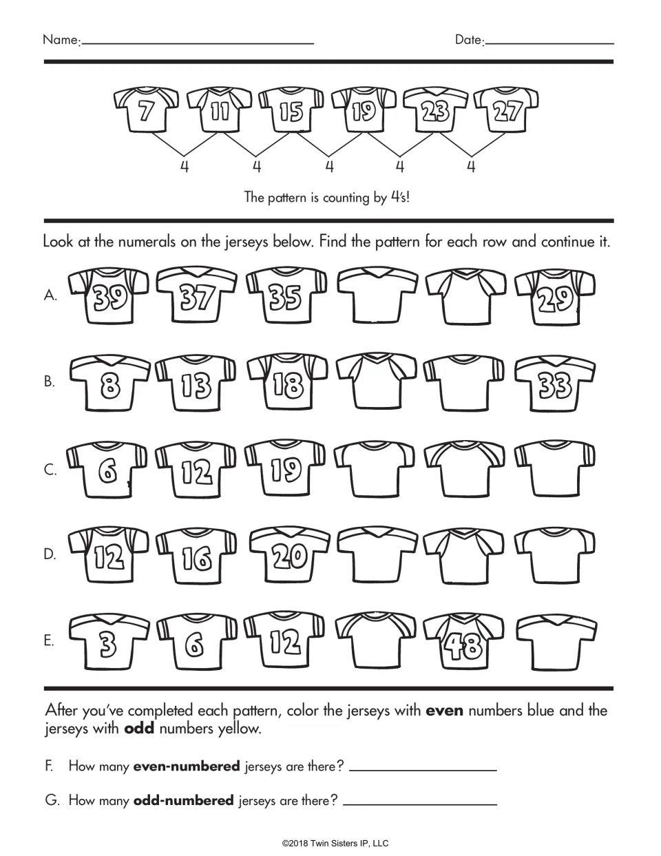 Jersey number patterns: students find each row's rule, fill in missing numbers, then color even and odd jerseys