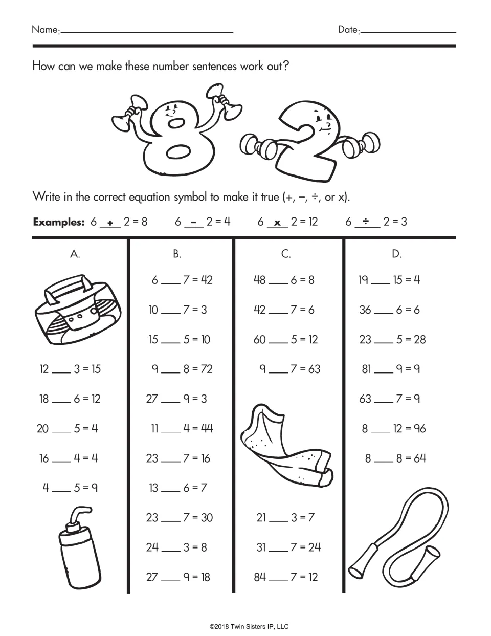 Missing operation signs: students write +, -, x or ÷ in each blank so number sentences like 6 _ 7 = 42 are true