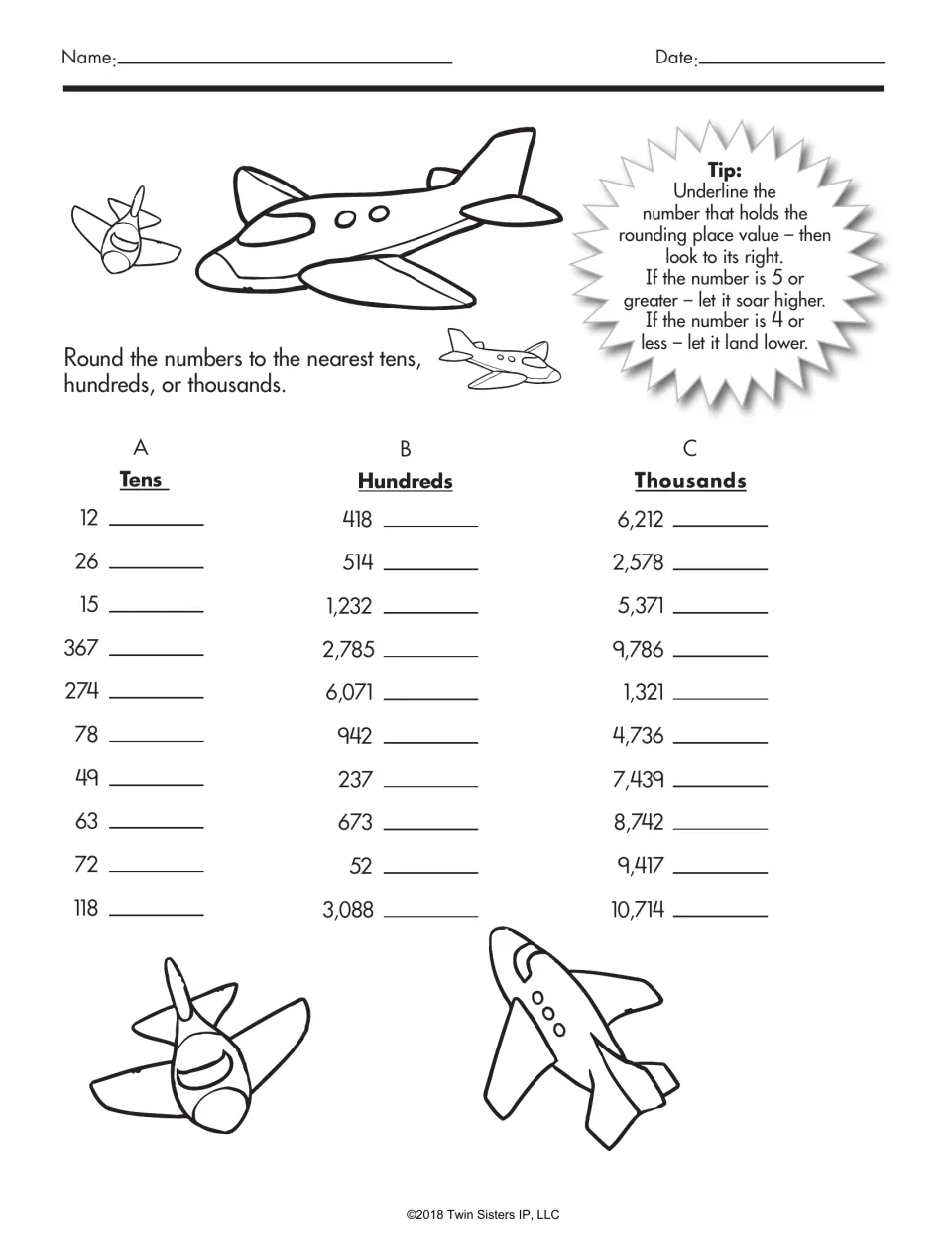 Rounding practice: students round 30 numbers to the nearest ten, hundred or thousand using a tip on when to round up