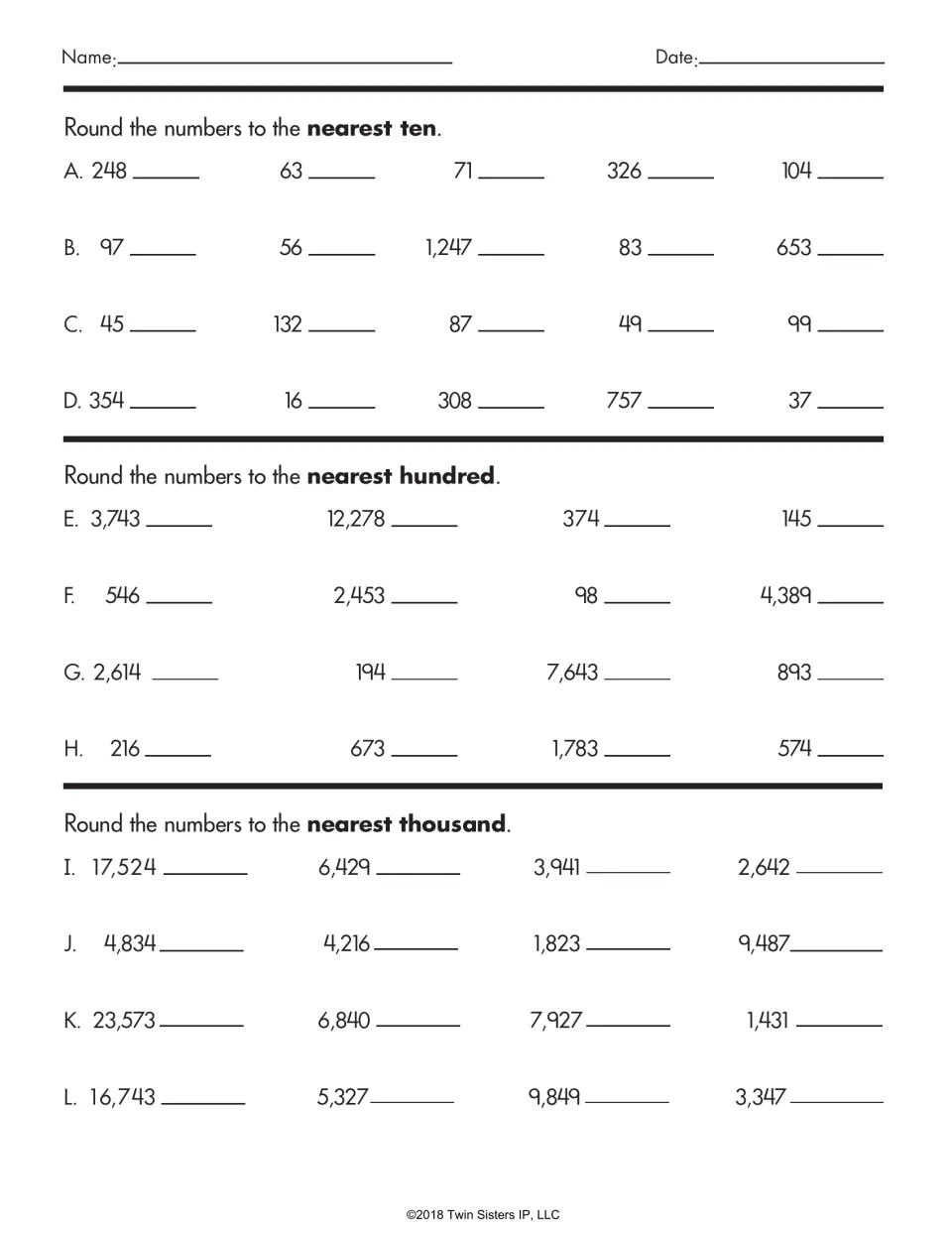 Rounding drill in three sections: students round numbers to the nearest ten, nearest hundred, and nearest thousand