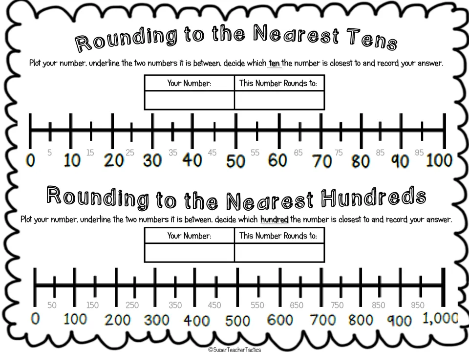 Rounding to the nearest 10 and 100: students plot a number on 0-100 and 0-1,000 number lines and record the rounded value