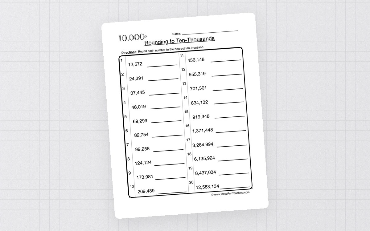 Rounding to Ten Thousands Worksheet preview: Twenty values for ten-thousand rounding practice