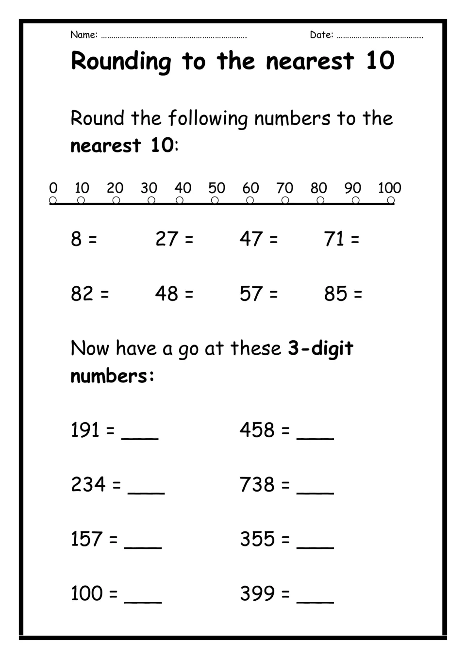 Rounding to the nearest ten: students round 8 numbers under 100 using a 0-100 number line, then 8 three-digit numbers