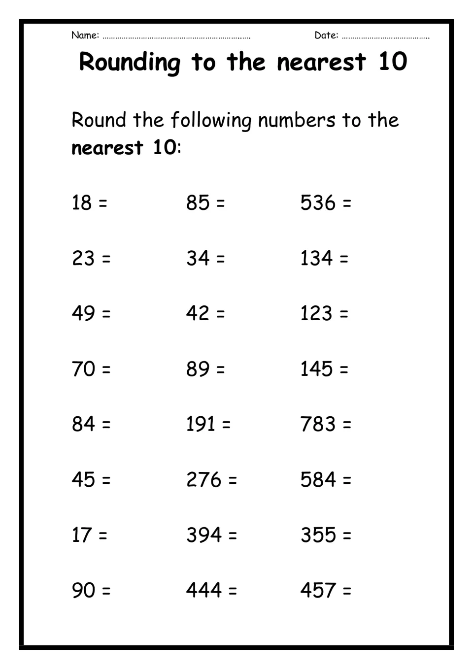 Rounding to the nearest 10 without a number line: students round 24 numbers, from 17 and 45 up to 3-digit 783