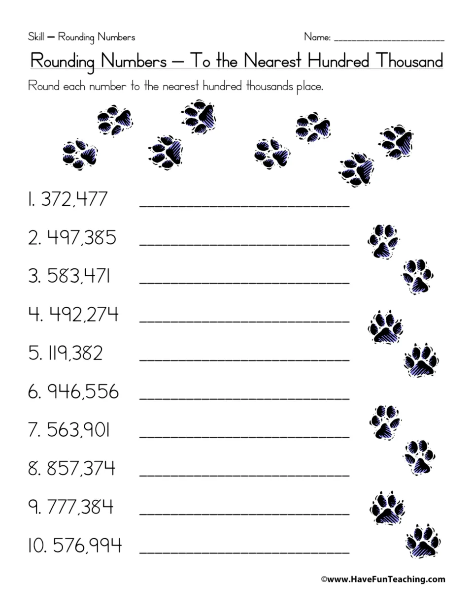 Rounding numbers to the nearest hundred thousand: students round 10 six-digit numbers such as 372,477 and 946,556