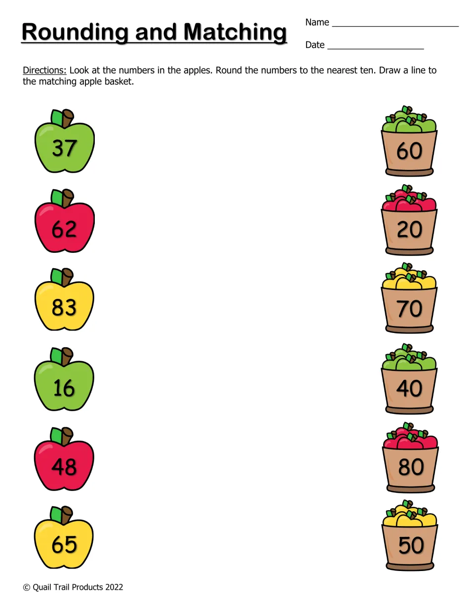 Rounding and Matching: students round 37, 62, 83, 16, 48 and 65 to the nearest ten and draw lines to apple baskets