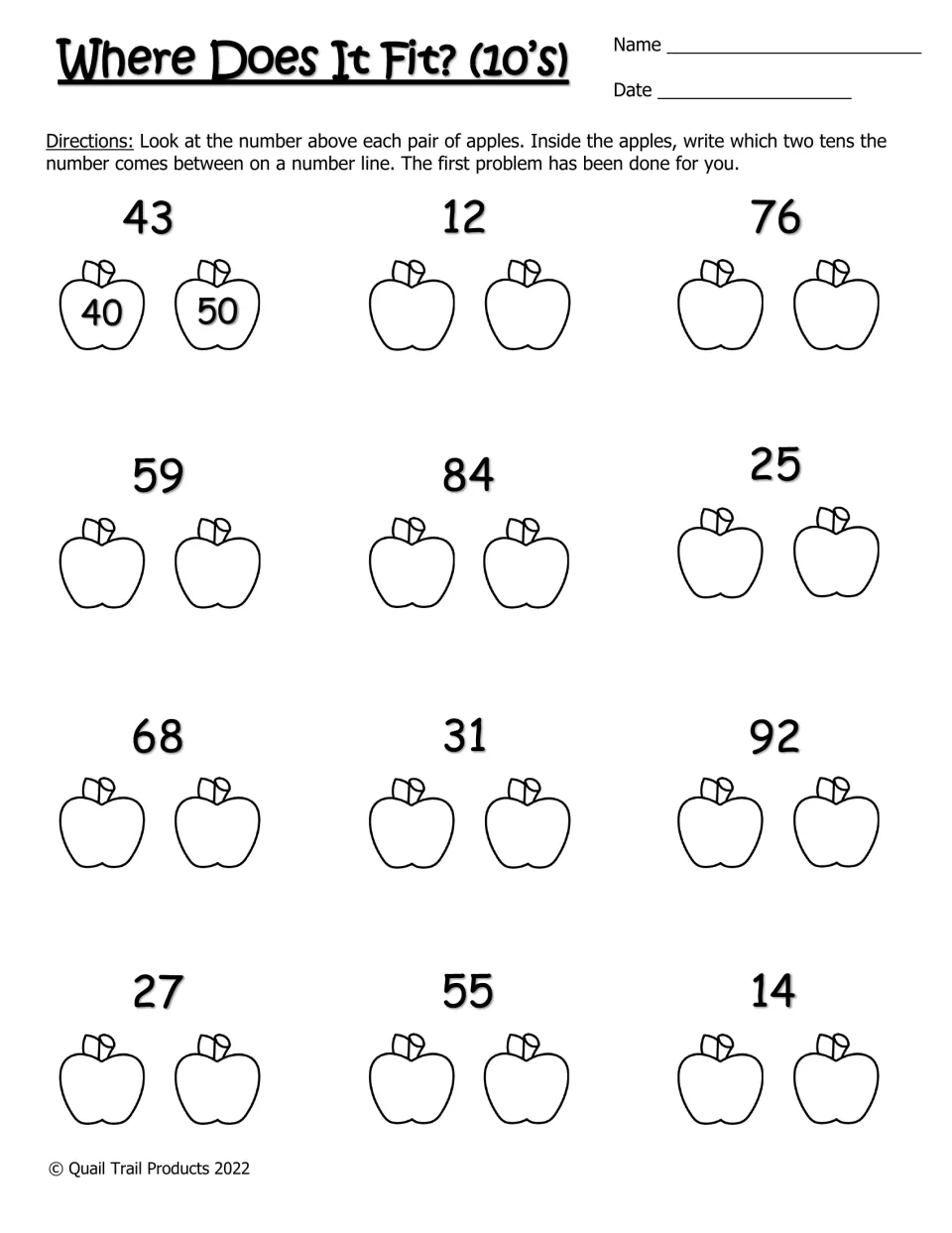 Where Does It Fit? (10's): students write the two tens each of 12 numbers falls between, as in 43 between 40 and 50