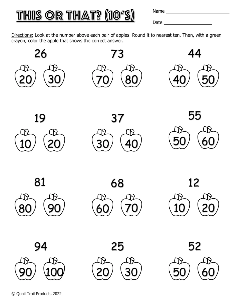 This or That? (10's): students round 12 numbers such as 26, 73 and 94 to the nearest ten and color the correct apple green