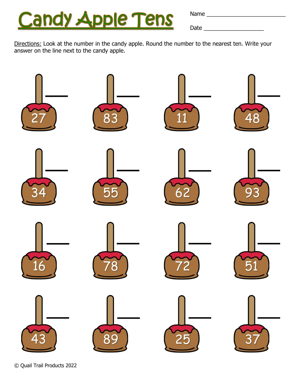 Candy Apple Tens: students round 16 two-digit numbers, from 11 to 93, to the nearest ten and write each answer on a line