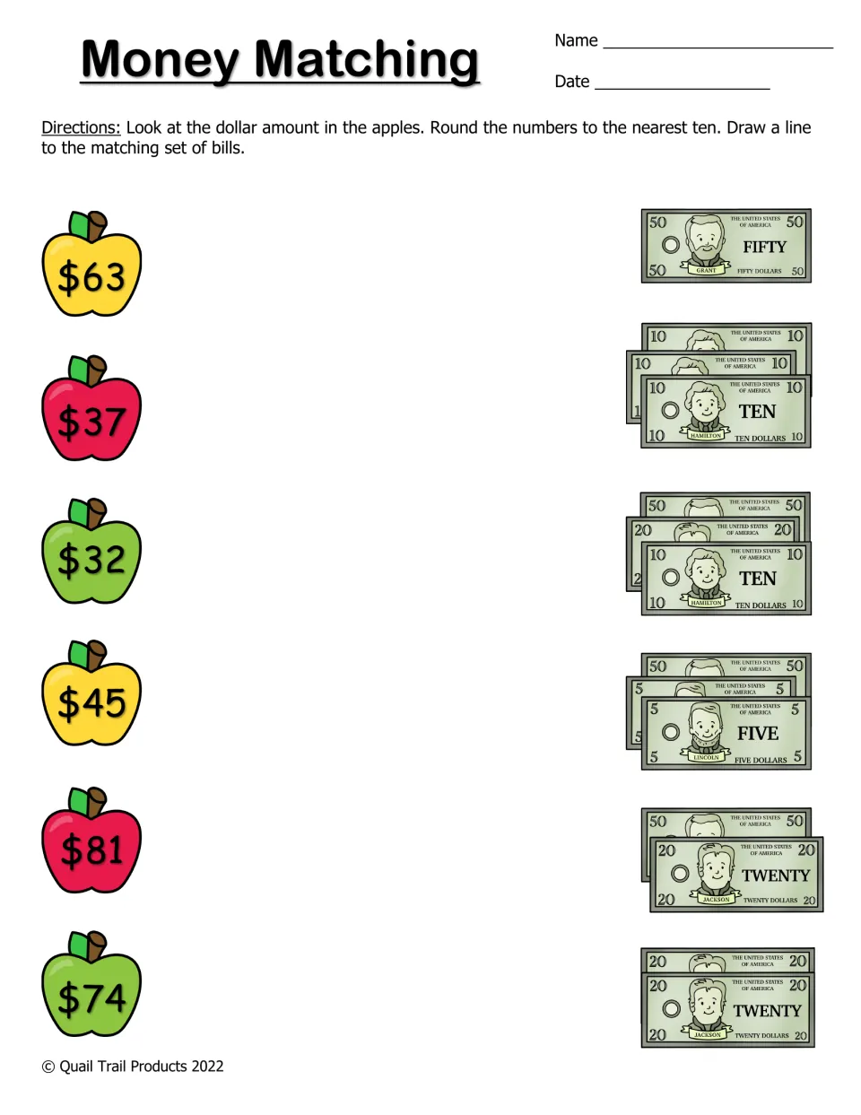 Money Matching: students round $63, $37, $32, $45, $81 and $74 to the nearest ten and match each to a set of bills