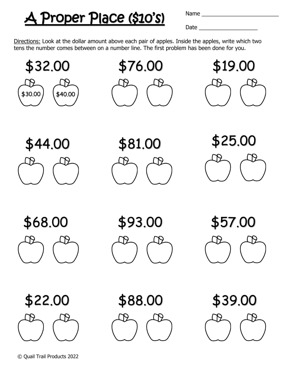 A Proper Place ($10's): students write the two tens of dollars each amount falls between, as in $32.00 between $30 and $40