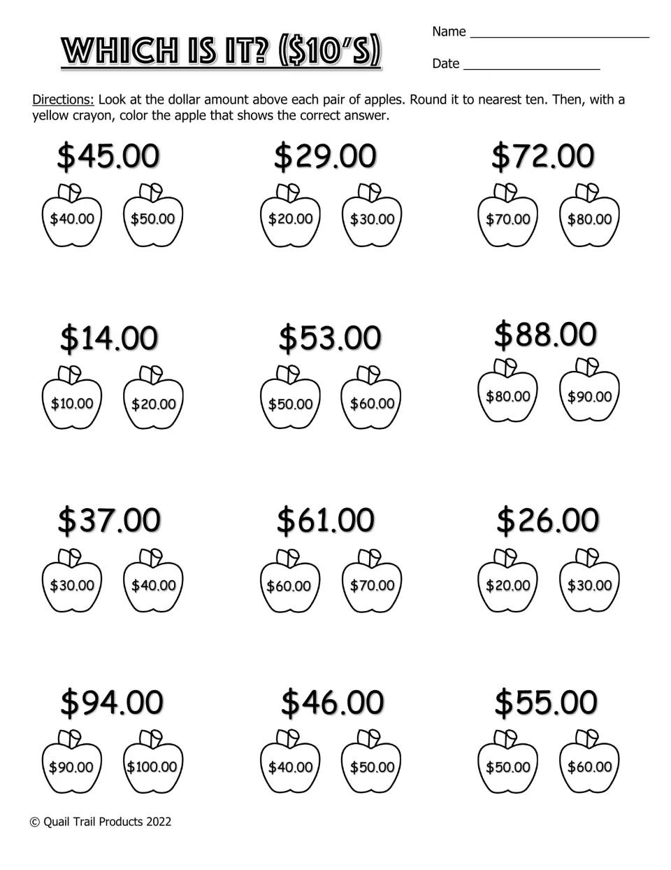 Which Is It? ($10's): students round 12 dollar amounts like $45.00 and $94.00 to the nearest ten and color the right apple