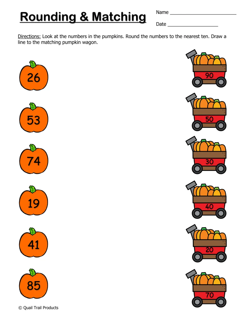 Rounding & Matching: students round 26, 53, 74, 19, 41 and 85 on pumpkins and draw lines to wagons marked with tens
