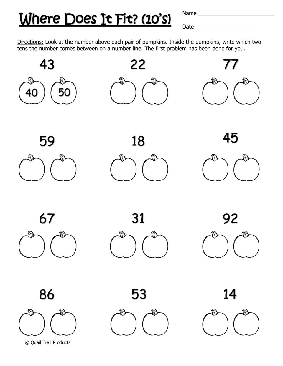 Where Does It Fit? (10's): students write the two tens each of 12 numbers falls between, such as 40 and 50 for 43