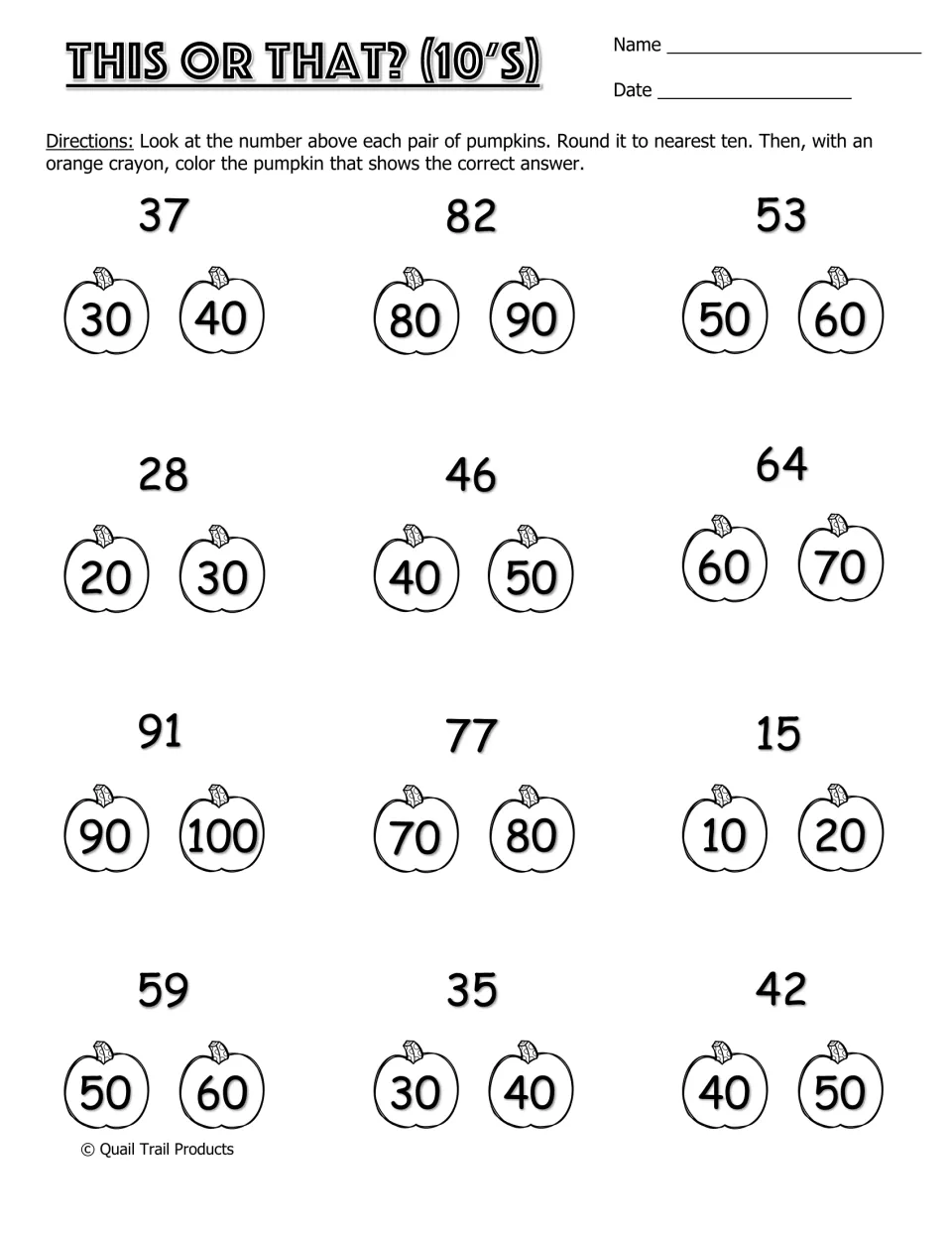 This or That? (10's): students round 12 two-digit numbers to the nearest ten and color the pumpkin showing the correct ten