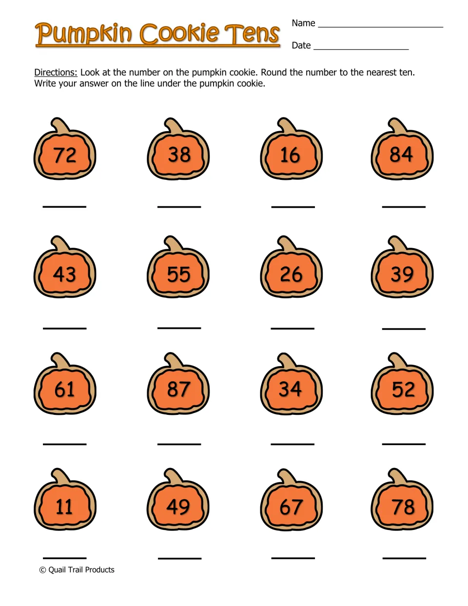 Pumpkin Cookie Tens: students round 16 numbers such as 72, 38 and 84 to the nearest ten and write each answer below