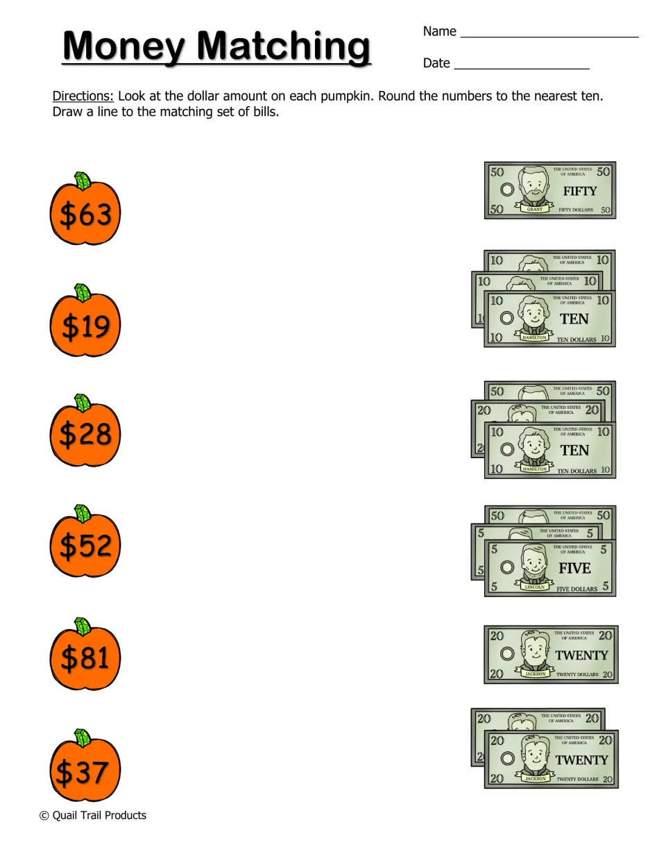 Money Matching: students round $63, $19, $28, $52, $81 and $37 to the nearest ten and draw lines to matching sets of bills