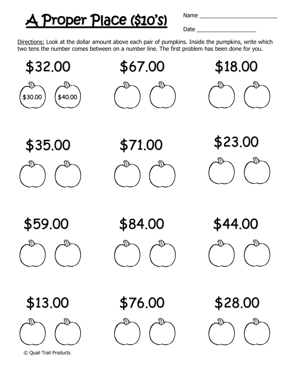 A Proper Place ($10's): students write the two tens of dollars each amount falls between, such as $30.00 and $40.00 for $32