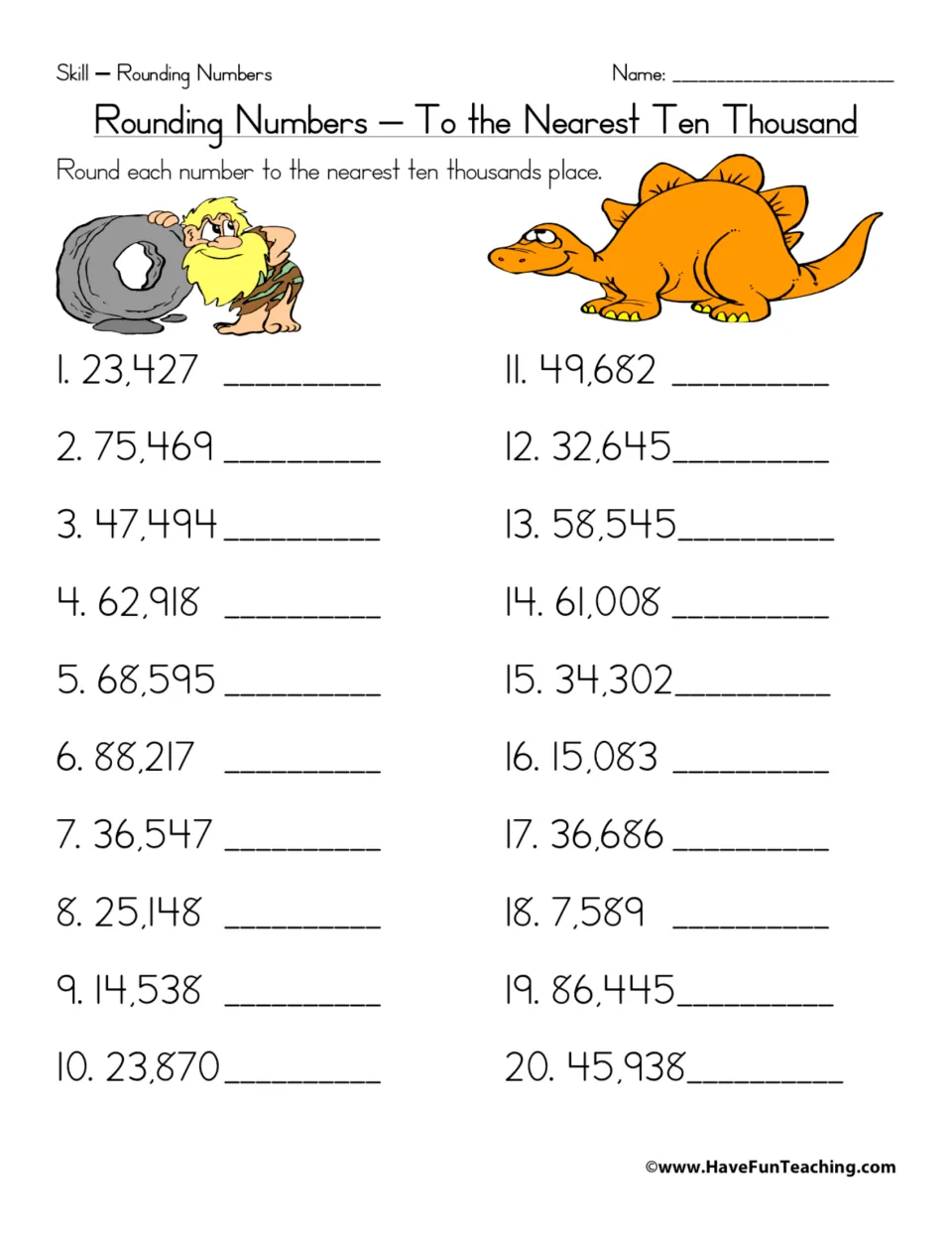 Rounding to the nearest ten thousand: students round 20 numbers, such as 23,427, 75,469 and 7,589, and write each answer