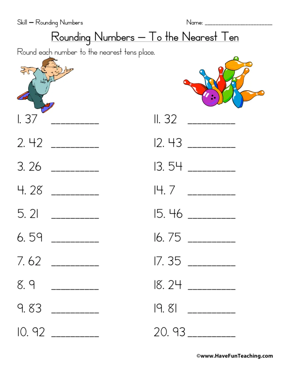 Rounding to the nearest ten: students round 20 numbers from 7 to 93, such as 37, 42 and 75, to the nearest tens place